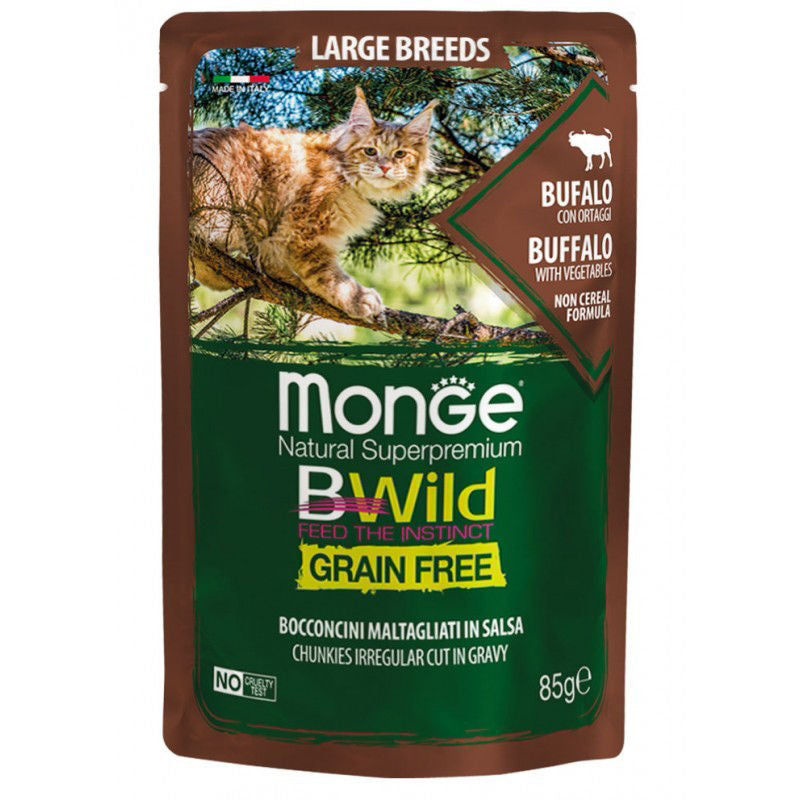 Monge BWild kons. pašaras didėlių veislių katėms su buivolo mėsa ir daržovėmis 85g