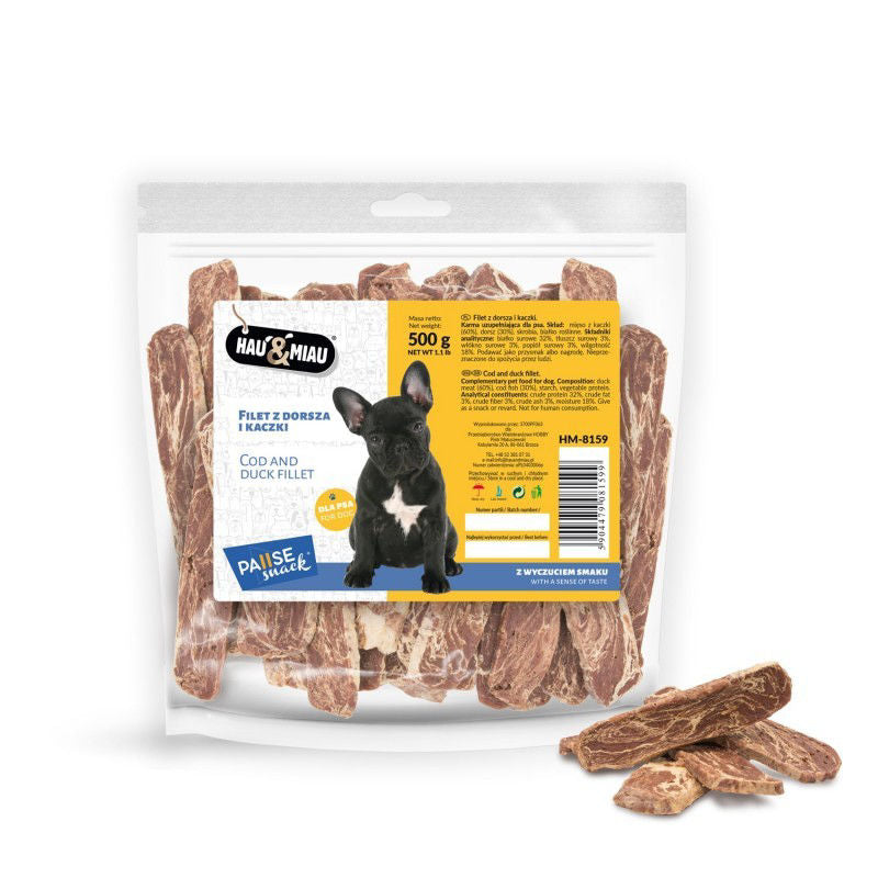Hau&amp;Miau minkštos menkės ir antienos juostelės 500g