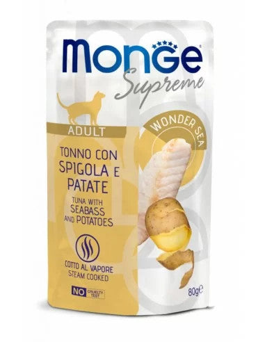 Monge SUPREME - Cat Wet Pouches Tuna with seabass and potatoes - Adult 80g
