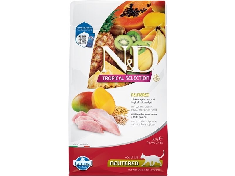 FARMINA N&D TROPICAL SELECTION - CAT Dry Chicken, Spelt, Oats NEUTERED 300 gr
