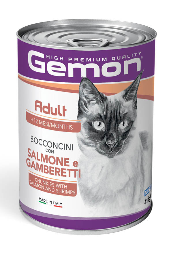 Gemon adult konservuotas pašaras suagusioms katėms su lašiša ir krevetėmis 415g