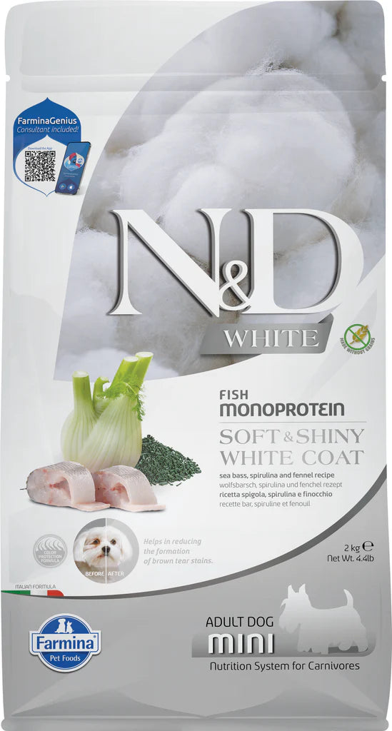 FARMINA N&D WHITE - DOG Dry Sea Bass Spirulina&Fennel ADULT MINI