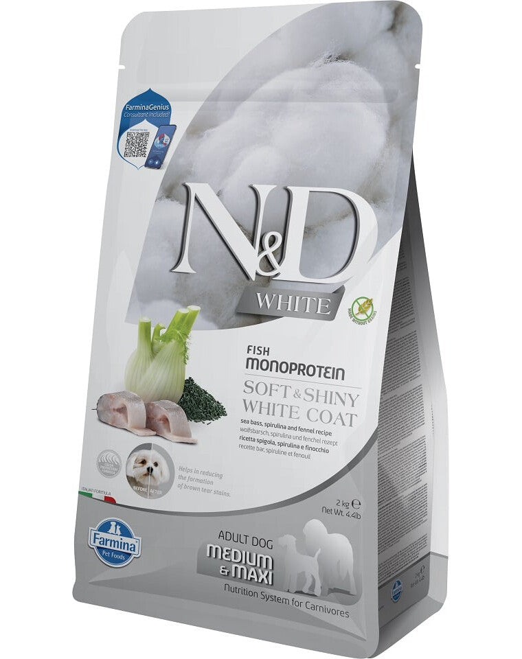 FARMINA N&D WHITE - DOG Dry Sea Bass Spirulina&Fennel ADULT MED&MAX