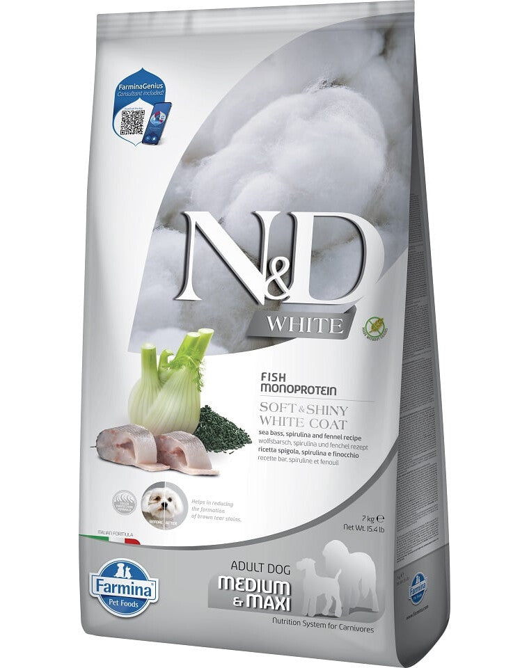 FARMINA N&D WHITE - DOG Dry Sea Bass Spirulina&Fennel ADULT MED&MAX