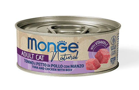 Monge kons.pašaras katėms su tuno, vištienos ir jautienos gabalėliais savo sultyse 80g