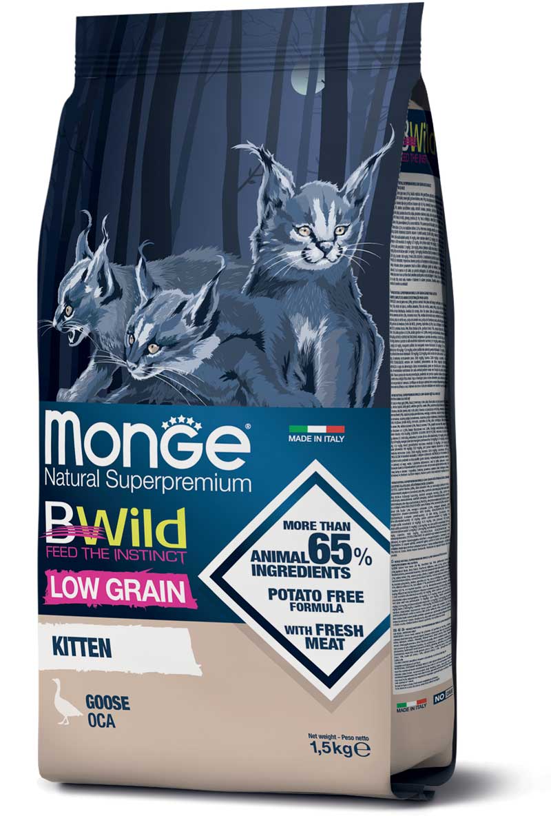 Monge BWild Kitten visavertis pašaras jauniems kačiukams su žąsiena 1,5kg