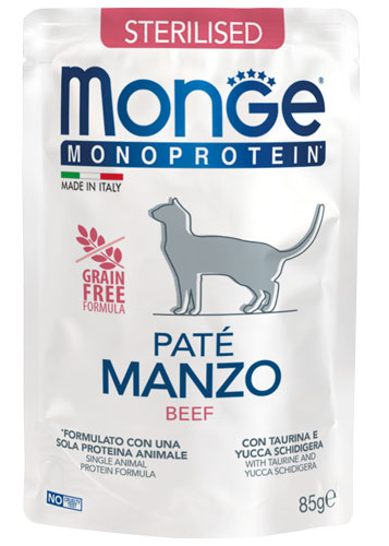 Monge Monoprotein Sterilised begrūdis konservuotas pašaras stertilizuotoms katėms su jautiena 85g