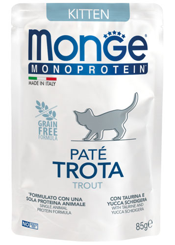 Monge Monoprotein Kitten begrūdis konservuotas pašaras jaunoms katėms su upėtakiu 85g