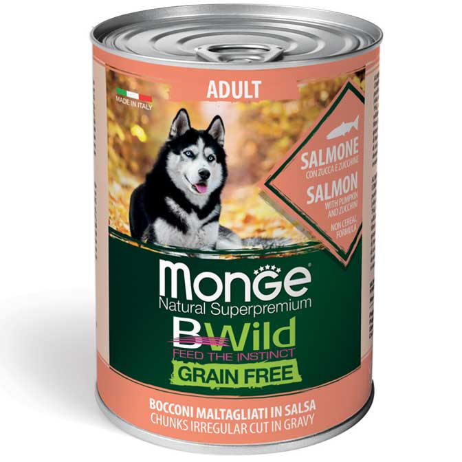 Monge Bwild adult konservuotas pašaras su lašiša, moliūgais ir cukinijomis 400g