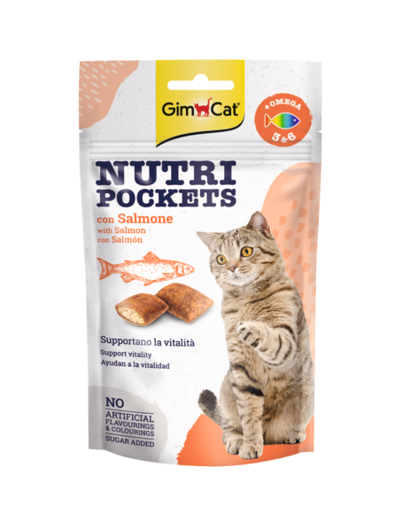 GimCat Nutri Pockets with Salmon &amp; Omega 3&amp;6 skanėstai katėms su Lašiša, Omega 3 ir 6 riebalų rūgštimis 60g