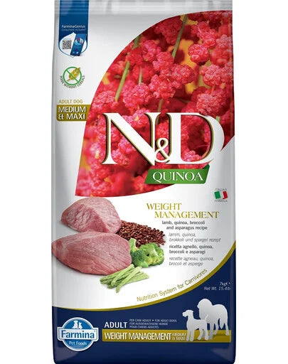 FARMINA N&D QUINOA - DOG Dry WEIGHT MANAGEMENT Lamb&Broccoli ADULT MED&MAX 7 kg