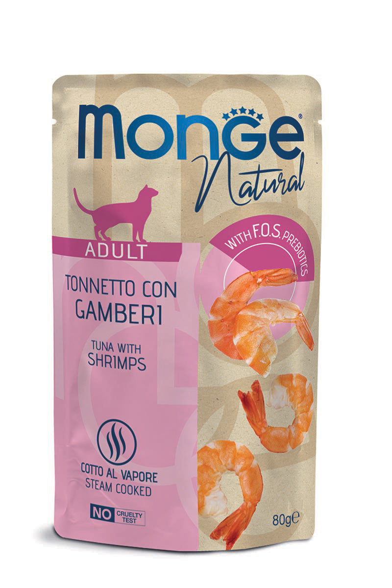 Monge Natural kons. pašaras suaugusioms katėms tuno kąsneliai su krevetėmis želėje 80g