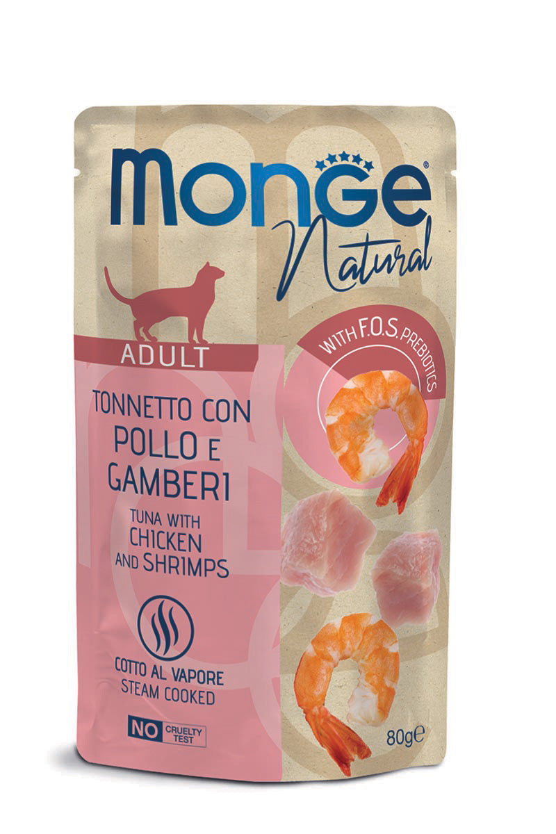 Monge Natural kons. pašaras suaugusioms katėms tuno ir vištienos kąsneliai su krevetėmis želėje 80g